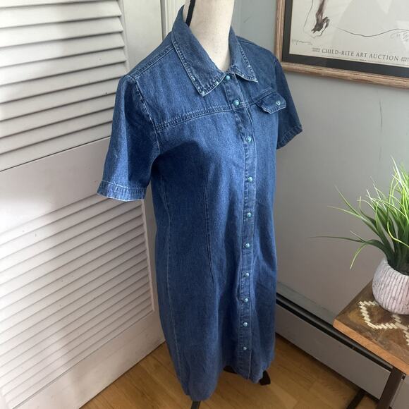 BLUE J Womens Shirt Dress Small Blue Denim Turquoise Snap Shift Retro 90s Boho - Picture 4 of 10